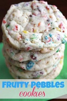 four cookies stacked on top of each other with the words, fruity pebbles cookies