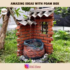 an outdoor fountain made out of bricks with the words, amazing ideas with foam box