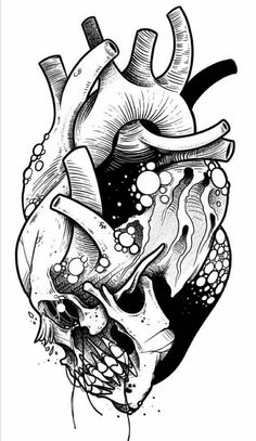 a black and white drawing of a heart with an animal's skull on it