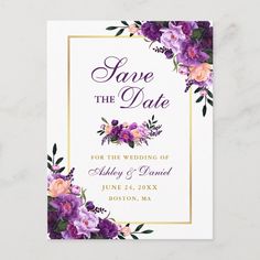 save the date card with purple flowers and greenery