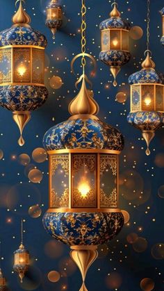 a blue and gold background with hanging lanterns