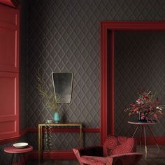 a living room with red walls and furniture