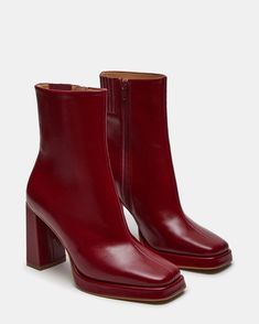 Brown Boots Square Toe, Italy Street Style Winter, Burgundy Leather Boots, Red Leather Platform Boots, Corporate Punk, Red Heels Outfit, Red Platform Boots, Square Toe Leather Boots, Red Leather Boots