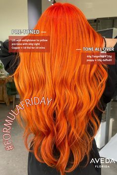 An orangey-red #FormulaFriday by @_hairbyharold at @rejuvaveda ❤️‍🔥 Pre-tone: lift with enlightener to yellow! Pre-tone with 40g light copper +10 Vol for 10 mins All over tone: 60g Tangerine + 20g Poppy + 10g daffodil for 20 mins! Yellow Hair Color Ideas, Orange Moodboard, Burnt Orange Hair, Yellow Hair Color, Sunset Hair, Aveda Hair