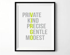 a framed poster with the words private, kind and precision in different colors on it