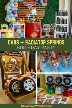 cars and radiator springs birthday party with balloons, decorations, and desserts