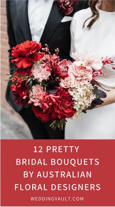 bride and groom holding bouquets with text that reads 12 pretty bridal bouquets by australian floral designers