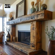 a living room with a fire place and vases on top of the mantel