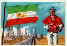 a postage stamp with an image of a man in front of a flag and oil rigs