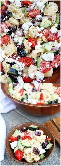 two pictures show different types of pasta salad