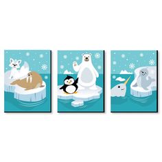 three polar bears and two penguins on an ice floet with snowflakes