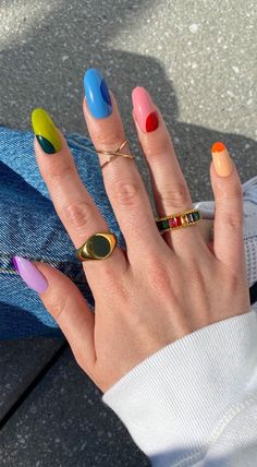 23 Cute Summer Nail Trends 2021 | Acrylic Nail Art Designs Five Different Color Nails, Multi Colored Nails French Tip, Colorful Nail Art Designs, Funky Green Nails, Short Hippie Nails, Hippie Nails Simple, Primary Color Nails, Colorful Nails Acrylic, 70s Inspired Nails