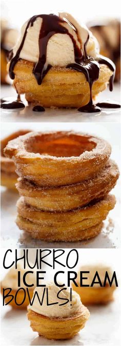 three different views of churro ice cream bowls