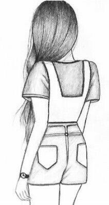 a drawing of a girl with her back to the camera, wearing shorts and a t - shirt