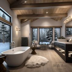 a bathroom with a large bathtub sitting next to a window covered in white fur