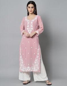 Light Pink Georgette Palazzo Straight Pink Suits Women, Georgette Palazzo, Suits For Women Indian, Pink Kurti, White Dupatta, Stylish Kurtis, Kurti With Palazzo, Indian Pink, Modest Evening Dress