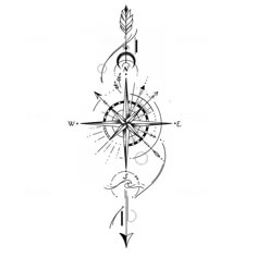 a black and white drawing of a compass with arrows on the front, and an arrow at the back