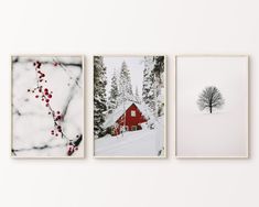 three pictures hanging on the wall in front of a white wall with trees and a red barn