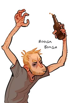 a drawing of a man holding a beer bottle with both hands and the words booga on it