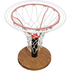 a basketball hoop with a red ball in the net on a wooden stand and white background