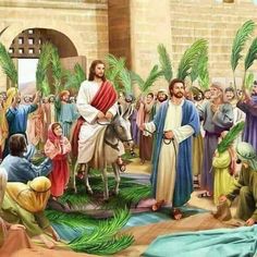 a painting of jesus riding on a donkey in front of a group of people and palm trees