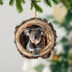 a christmas ornament with a koala bear hanging from it's side