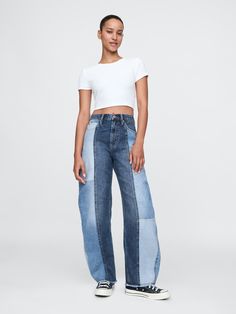 Fit: A full-length barrel jean that's fitted at the waist with a relaxed leg and tapered ankle.  Fabric: 95% Cotton, 5% Recycled Cotton.  Stretch: No Stretch Jeans.  Authentic denim that gets better with every wear.  Made to wear all day & break in over time.  Rise: High Rise Jeans.  Look: A classic five-pocket barrel jean in patchwork denim washes.  Details: Zip fly & five-pocket styling.  Responsibly Made: This pair of jeans is part of our water-saving Washwell program.  Compared with conventional wash methods, Washwell uses at least 20% less water and has saved over a billion liters of water since 2016.  Our High Rise Jean has an 12" 28 cm) rise. ​ Full-length jean.  Hits below the ankle. ​ ​17. 5” 44. 5 cm) leg opening.  Inseam: Petite 27" 68. 5 cm), Short 28" 71 cm), Regular 29. 5" 75 High Waisted Baggy Jeans Outfit, Contrast Stitch Jeans, Denim Washes, Barrel Jeans, Wife Style, Fits Aesthetic, Jeans Look, Layered T Shirt, Patchwork Denim