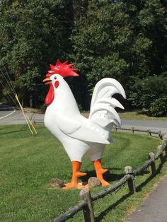 a large white chicken statue in the grass near a road and trees, with a red rooster standing on it's hind legs