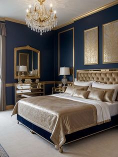 a large bedroom with blue walls and gold trim around the bed, chandelier