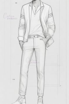 Boceto de un atuendo casual masculino, chaqueta, camiseta, pantalones formales y zapatillas deportivas Men Croquis Pose, Casual Outfits Men Drawing, Fashion Illustration Sketches Men, Drawing Men Clothes, Guy Clothes Drawing, Mens Croqui, Male Fashion Drawing, Guy Outfits Drawing, Dress Illustration Design