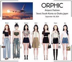 an advertisement with several mannequins in different outfits and the words, orphicc airport fashion seoul south korea to osak japan