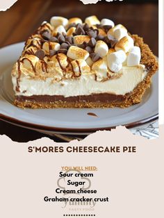 Indulge in the gooey goodness of S'mores Cheesecake Pie—a delightful treat that brings campfire magic to your table! 🥧❤️ #SmoreLove S'mores Cheesecake Pie Ingredients: Graham cracker crust (1, 9-inch) Cream cheese (8 oz, softened) Sugar (½ cup) Sour cream (½ cup) Vanilla extract (1 tsp) Chocolate chips (1 cup) Mini marshmallows (1 cup) Chocolate syrup (for drizzling) Instructions: Preheat oven to 350°F (175°C). In a bowl, beat cream cheese and sugar until smooth. Add sour cream and vanill... Cheesecake Pie, Cracker Crust, Perfect Pies, Chocolate Syrup, Graham Cracker Crust, Mini Marshmallows, Graham Cracker, S Mores, Cream And Sugar