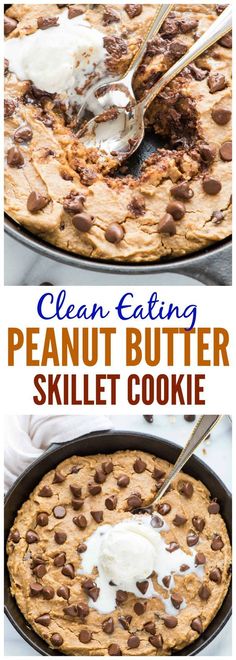 two pictures showing how to make peanut butter skillet cookies with chocolate chips and cream