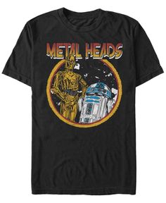 a t - shirt that says metal heads with a robot and r2d2 in the background