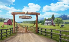 an image of a farm scene with horses and cows in the pasture behind a wooden gate