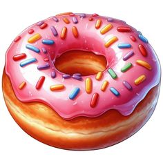 a donut with pink frosting and sprinkles