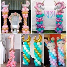 several pictures of unicorn balloons and decorations