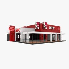 a red and white kfc building with an awning