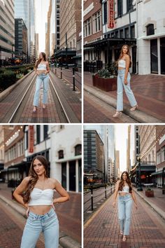 four photos of a woman posing in the middle of a street with her hands on her hips