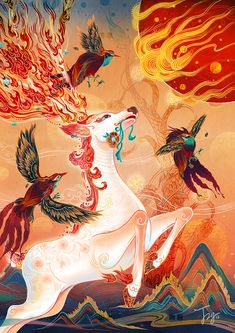 a painting of a unicorn with birds flying around it