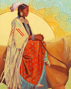 a painting of a native american woman riding a horse