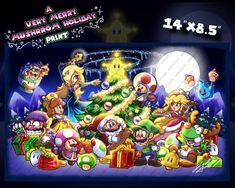 an image of mario and friends around the christmas tree