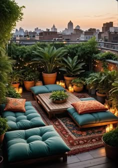 an outdoor living area with couches, tables and potted plants on the roof