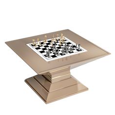 a chess board on top of a pedestal with gold and silver pieces in the middle