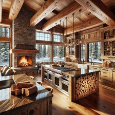 Discover a cozy ski cabin kitchen with a stone fireplace, pine plank flooring, and handmade cabinets. Stainless appliances and granite countertops meet rustic charm. Witness breathtaking snow views through the row of windows. #CozyCabin #RusticKitchen #ModernMountainCabin #FireplaceKitchen #GraniteCountertops #HandmadeCabinets Mountain House Interior Kitchen, Mountain House Kitchen Ideas, Ski Cabin Kitchen, Winter Cabin Kitchen, Ski Chalet Kitchen, Ski House Kitchen, Fireplace In Kitchen, Mountain House Kitchen, Mountain House Interior