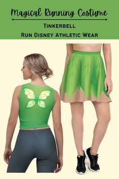 a woman in a green top and skirt with the words, magic running costume tinkerbell run disney athletic wear