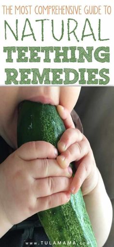 a child holding a cucumber with text overlay that reads the most compen intensive guide to natural teething remedies