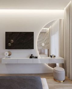 a modern living room with white walls and furniture