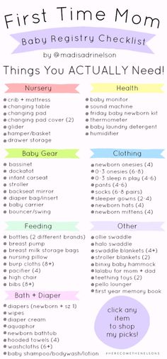 the first time mom baby checklist is shown in pink, blue and green with text