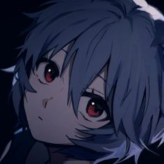 an anime character with blue hair and red eyes looks at the camera while staring into the distance